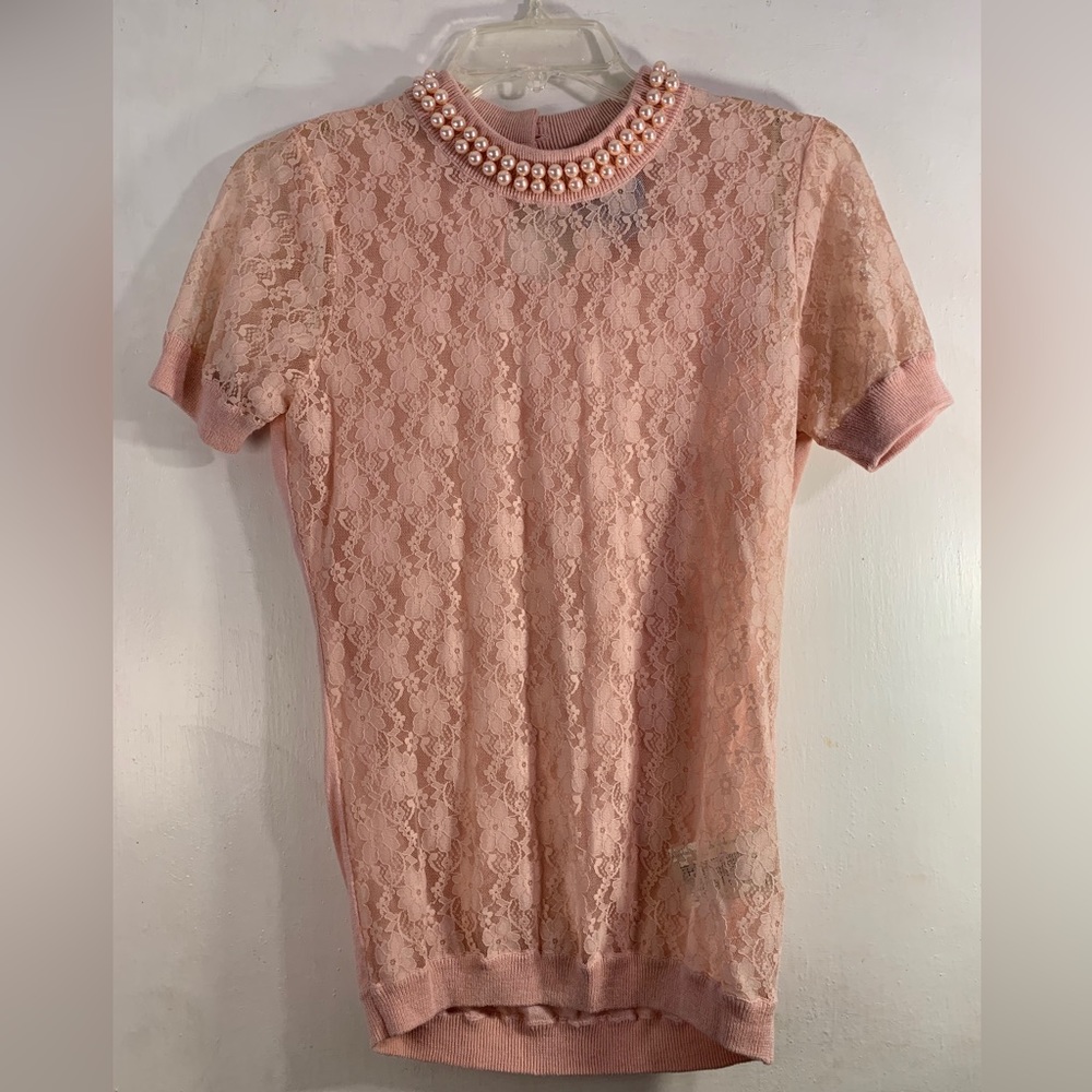 Theodore Twelve Los Angeles Pearl Collar & Lace Short Sleeved Pink Top, Size: M